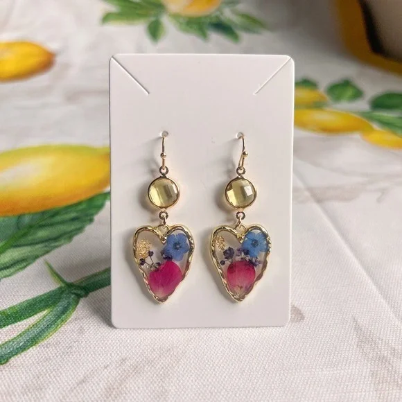 Floral Flower Petals Colorful Summer Abstract Resin Heart Earrings - Picture 1 of 9